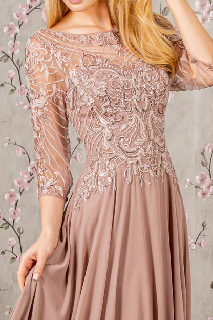 Metallic Sequin Sheer Neckline Chiffon A-line Long Dress